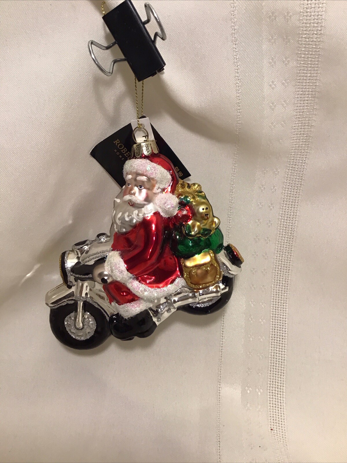 Robert Stanley Blown Glass Santa on Motorcycle Christmas Ornament Silver Glitter