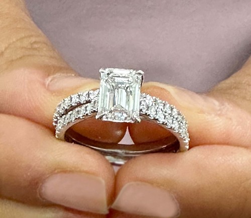 Emerald Simulated Diamond Engagement Ring And Band 14K Solid White Gold 2.55ctw - Picture 9 of 10