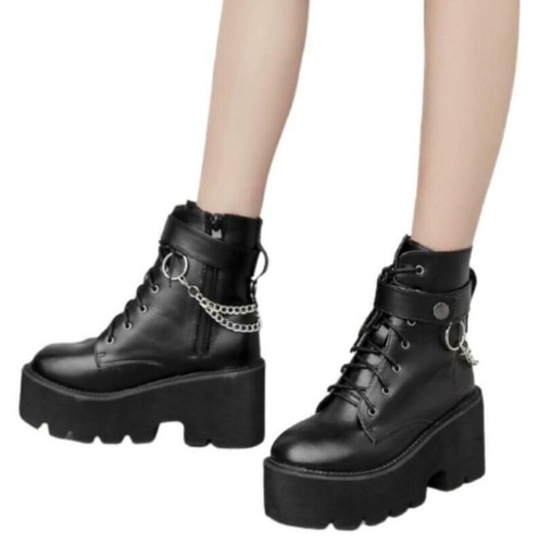 Damen Punk Goth Stiefeletten 7,5 cm Chunky High Heel Schuhe Schnür Plateau Chic - Bild 5 von 7