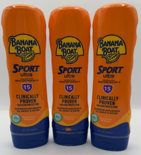 Banana Boat Sport Ultra SPF 15 Water Resistant 80 Minutes 8 FL OZ Lot of 3