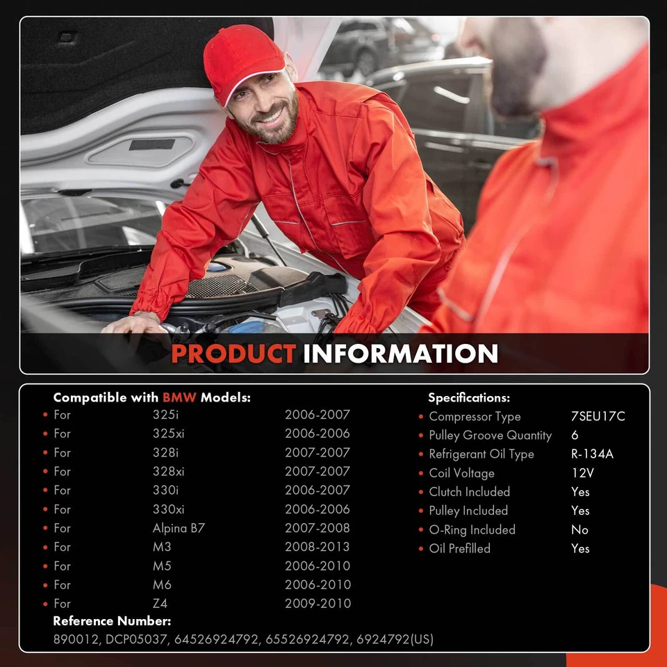 Compresor de aire acondicionado con polea de 6 ranuras para BMW 325i 325xi 328i 328xi 330i 330xi Foto 2 de 4