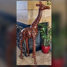 Giraffe Paper Mache with Leather Hand Painted Vintage Floor Standing Giraffe 50"