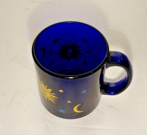 Vintage Libbey Coffee Mug Cobalt Blue Glass Celestial Sun Moon Stars Cup USA - Picture 5 of 9