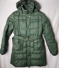 Tommy Hilfiger Women L Down Green Zip Snap Button Long remove Hood Jacket