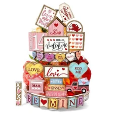 24 Pcs Valentine's Day Tiered Tray Decor Set Farmhouse Wood Valentine Table D...