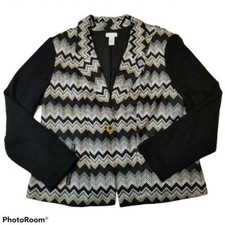 Chico's Size 2 12 Large Knit Blazer Metallic Zigzag Chevron Black Neutral