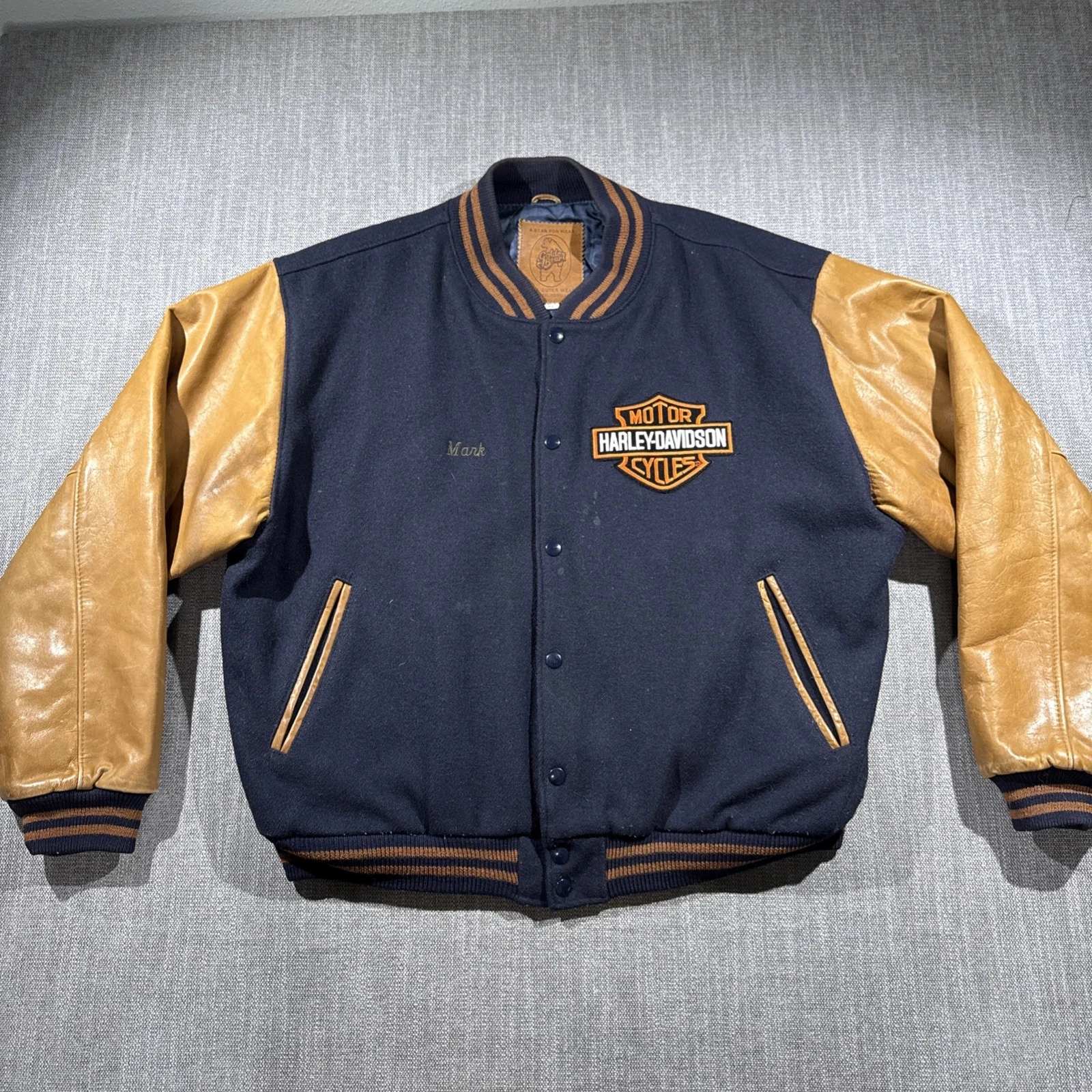 Vintage Golden Bear Mens XL Varsity Jacket Black Tan Leather Wool Made in USA