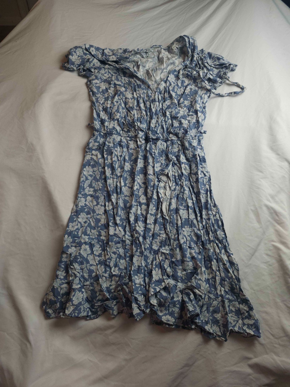 Naif Dress Womens Size XL Blue Floral Ruffle Trim Fit & Flare Midi Short Sleeve