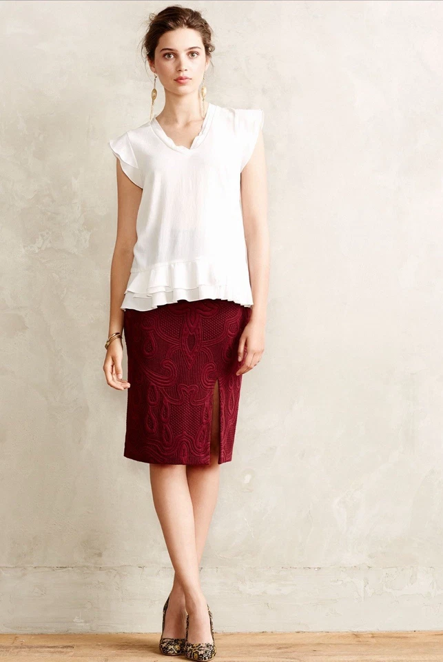 Falda Lápiz ANTHROPOLOGIE Maeve Talla GRANDE Abertura Jacquard Arándano Vino Pull On Foto 3 de 4