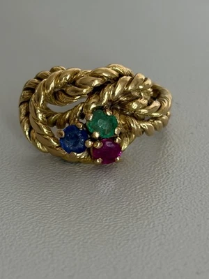 7586 - Bague Vintage Or Jaune Cordé Rubis Saphir Emeraude - Photo 1/4