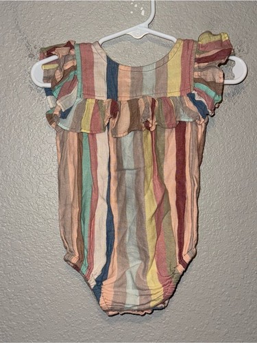 Pink Chicken Girls Striped Bubble Romper Size 3-6M Cotton Ruffle Rainbow - Picture 1 of 4