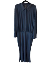 Norma Kamali Midi Shirt Dress Gray Long Sleeve Pleated Career Size L