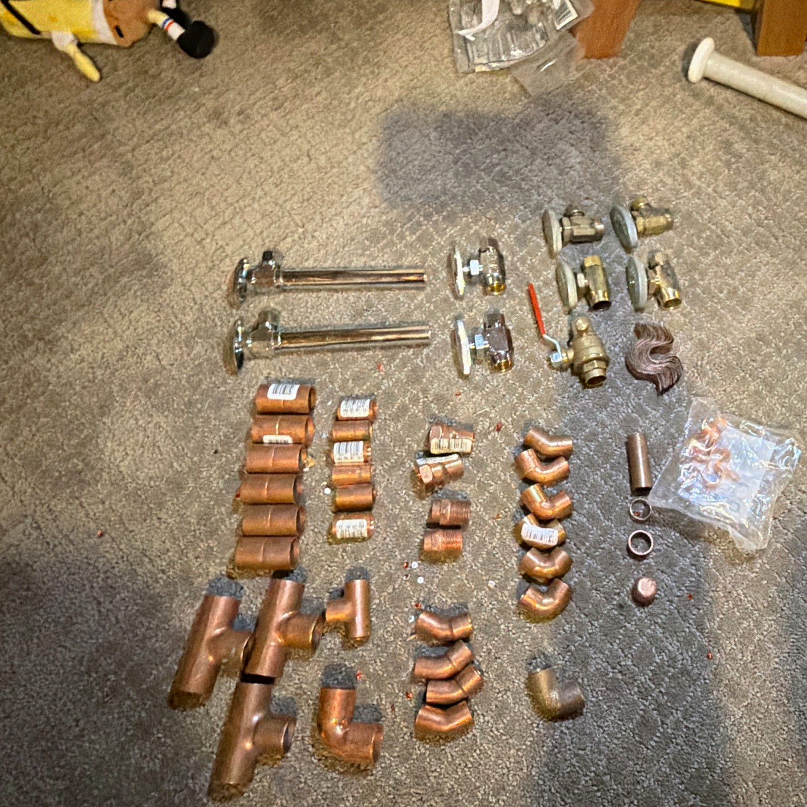 Assorted Copper & Brass Pipe Fittings Lot: Elbows, Tees, Couplings, Valves