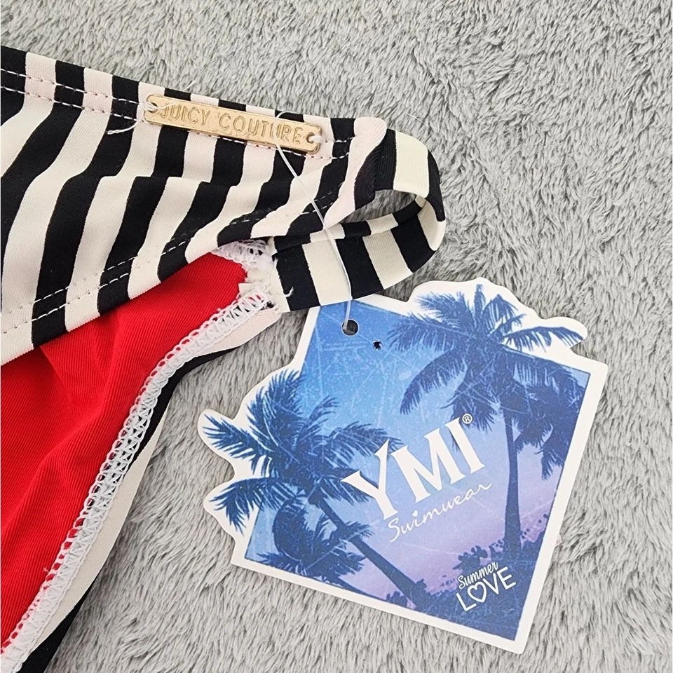 NOVO Biquíni Feminino Juicy Couture YMI M Preto Branco Listrado Corte Alto Natação - Imagem 4 de 4