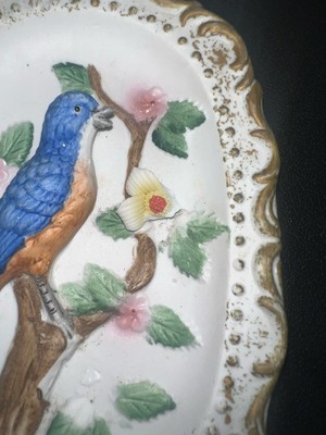 Vintage Bird Flower Hanging Plaque Marked 1245 Some Chips And Wear