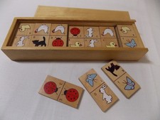 VTG 80's Wooden Painted Animal Dominoes Set of 28 Dominoes in Wooden Box