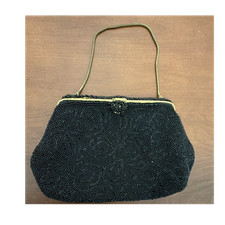Black Beaded Evening Purse Handbag with Gold Frame Strap for Women Vintage