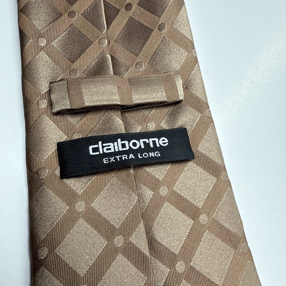 Claiborne Men’s Silk Tie Extra Long Gold Stripes And Squares - Image 3 of 4