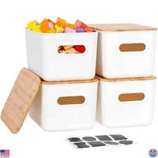 Citylife 4 PCS Storage Bins with Bamboo Lids Plastic Storage Containers for