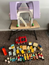 Vintage Little Tikes Doll House 1989 Purple Roof 2 Story 39 Piece Accessory Lot