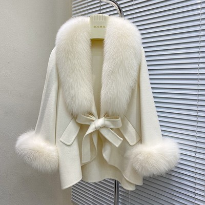 Women Real Fox Fur Collar Coat 100% Wool Ponchos Cashmere Cloak Cape Overcoats