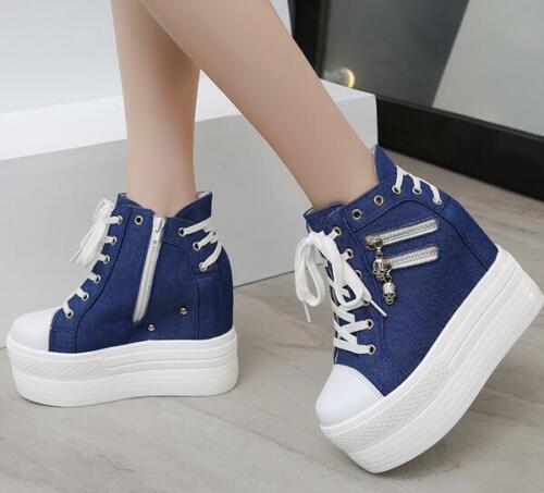 Womens Hidden Wedge High Heel Sneakers Zipper Lace Up Platform Shoes Trainers - Picture 5 of 13
