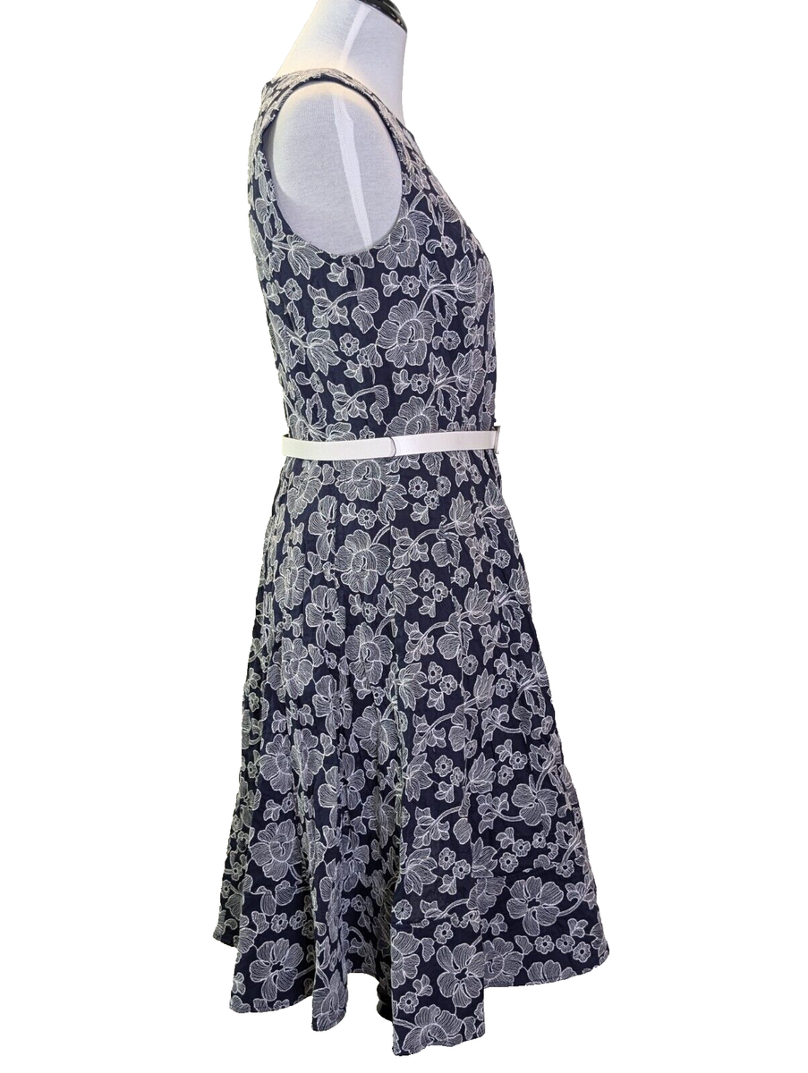 Anne Klein Dress Embroidered Floral Belted Blue White Fit Flare Size 10 |  eBay