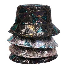 Damen Pailletten Eimer Hut Anglerhut Hip-Hop Glitzer Bling Party Breit Rand Club