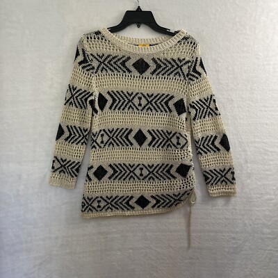 Ruby Rd Sheer Mesh Sweater Top Womans Petites Large Geometric Beige Long Sleeve