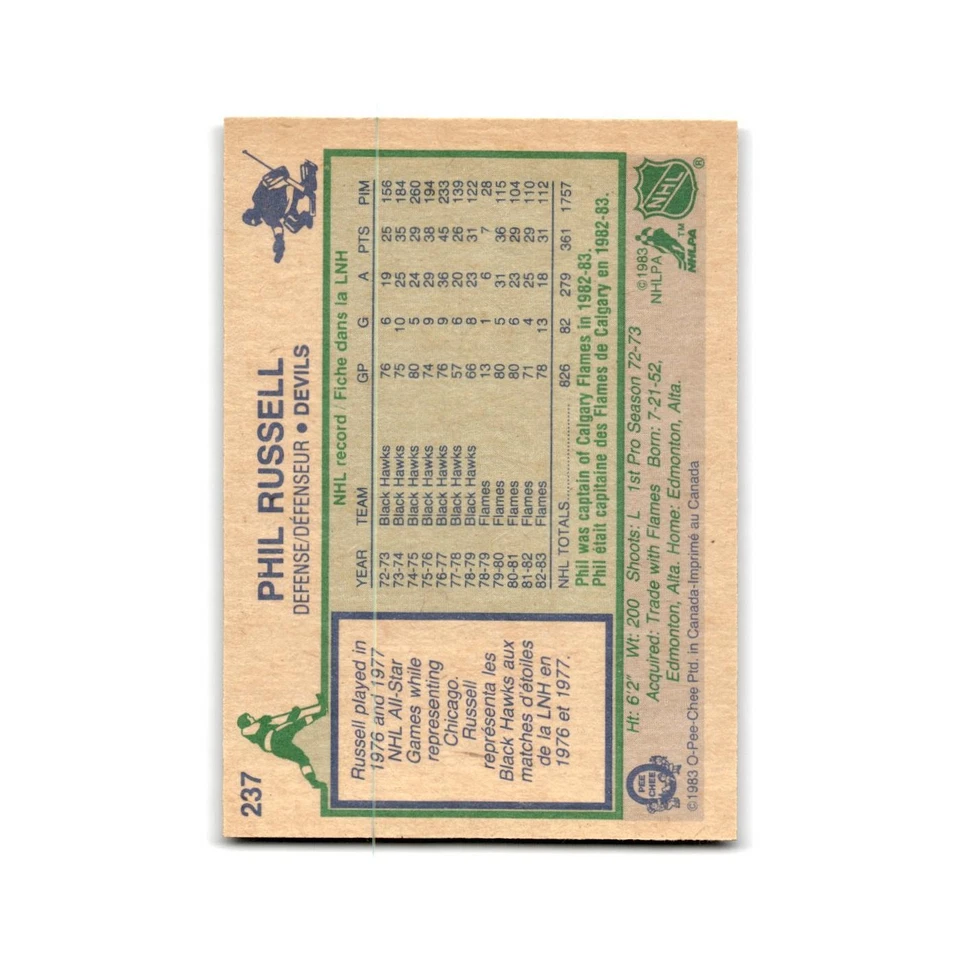 1983 O-Pee-Chee Phil Russell New Jersey Devils #237 - Image 2 of 3