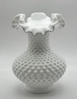 Fenton Hobnail White Milk Glass Vase With Fluted & Ruffled Rim 7” Tall Vintage