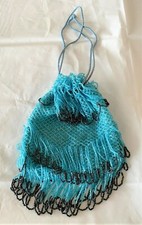 Vintage Blue and Black Drawstring Beaded Purse Czecho-Slovakia 1918-1921