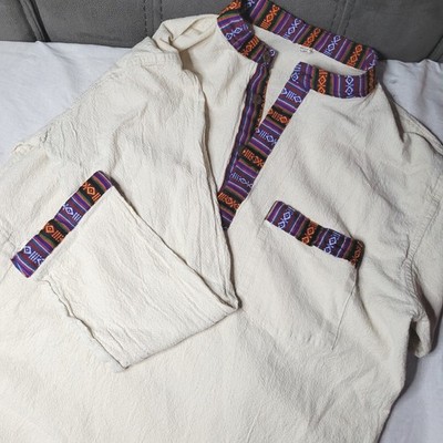 Mens Nepal Cotton Kurta Shirt Cream Textured Boho Festival Hippie Top Pocket lrg