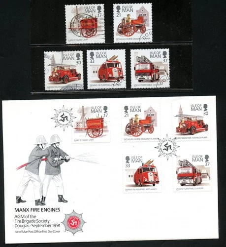 LOT 35540 USED 477-481 SINGLES + FDC COVER FIRE ENGINES TRUCKS THE ISLE OF MAN