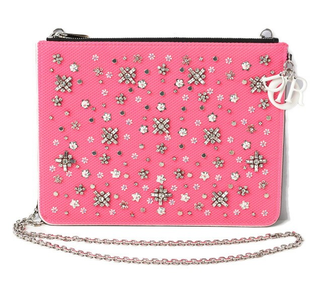 Christian Dior Pink Rhinestone Studded Chain Shoulder Clutch Bag