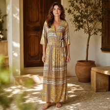 CHEZTU Maxi Dress Women 14 Yellow Boho Paisley Faux Wrap V-Neck Stretch Border