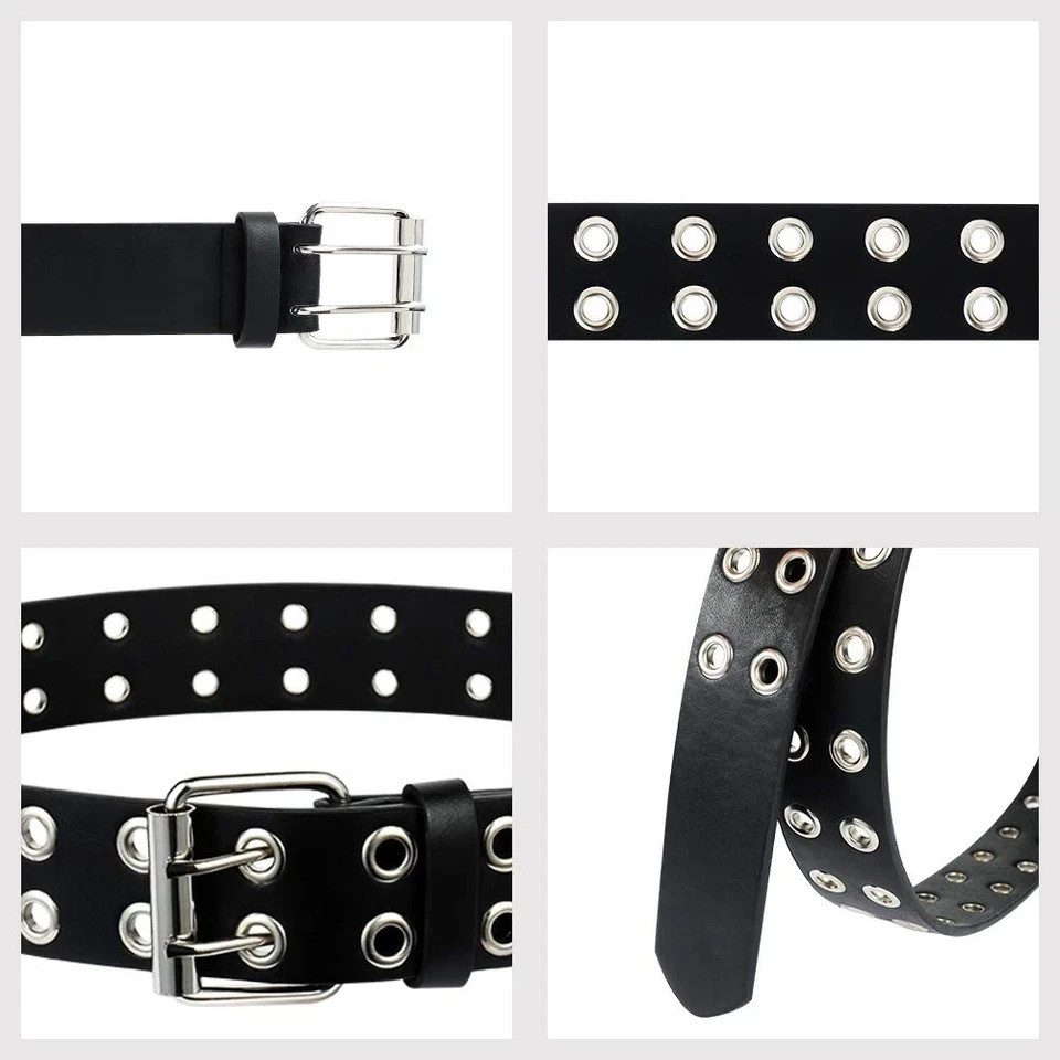2-Pack Double Grommet PU Leather Punk Belt 2-Hole Jeans Belt  display picture 1