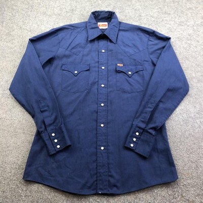 Vintage Ely Plains Shirt Mens Medium Blue Solid Long Sleeve Western Snap Pockets