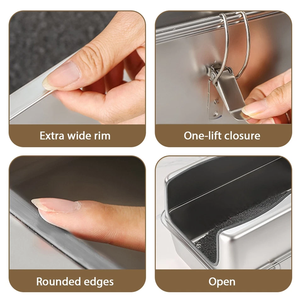 Caja de arena para gatos de acero inoxidable XL con tapa bandeja de arena extra grande con lado alto Foto 4 de 4