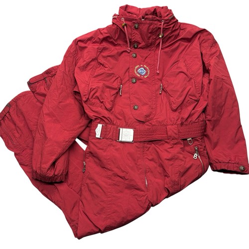 BOGNER USA Red Hooded Ski Snow Suit Mens Size 42 Signature B Zipper Pulls FLAWS