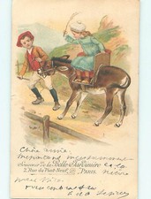 Pre-1907 GIRL ON CHAIR ON DONKEY - SOUVENIR RUE DE PONT-NEUF PARIS FRANCE J5060