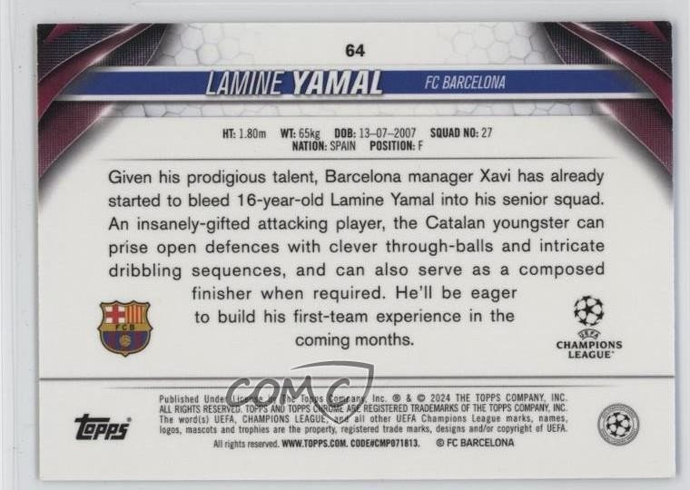 2023-24 Topps Chrome UEFA Club Competitions Lamine Yamal #64 Rookie RC view 2