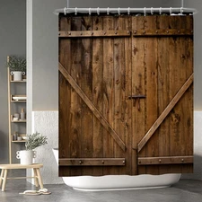 Rustic Wooden Door Shower Curtain Brown Village Barn Garage Farm Wood Door Sh...