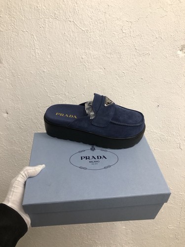 New Prada Triangle Navy Blue Suede Logo Leather Loafer Mule Size 39 EU 9 US EX2