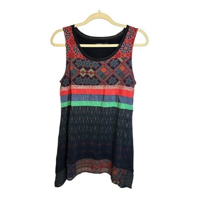 Desigual Blouse Women's Size Medium Tunic Dress Sleeveless Floral Stripes