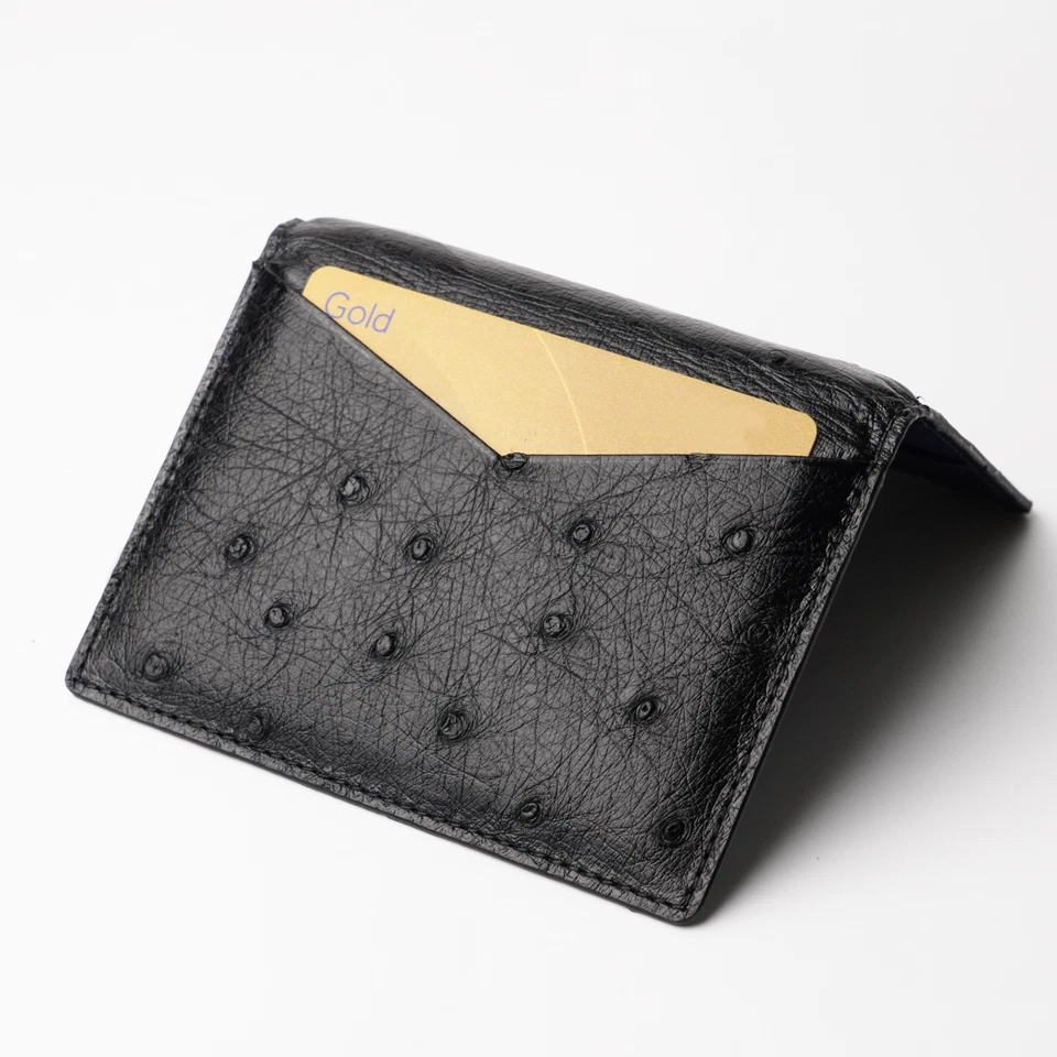 Cartera delgada unisex genuina de cuero de avestruz azul negro piel real Foto 3 de 4