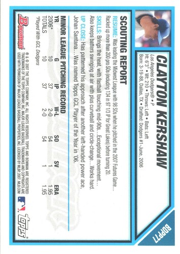 Papel dorado Bowman Draft Clayton Kershaw 2007 #BDPP77 Prospect - Imagen 2 de 2