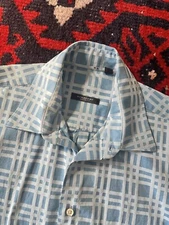 Burberry Mens Mono Check Pattern Shirt Collared Button Up Blue Made in USA Sz. M