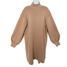 Cozy Co by Cozy Casual Tan High Neck Knee Length Long Puff Sleeve Sweater Dress