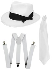 JACKO SET WHITE TRILBY BRACES AND TIE KING OF POP COSTUME GANGSTER FANCY DRESS